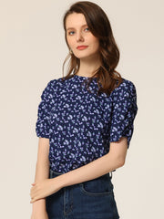 Floral Crew Neck Ruched Sleeve Casual Blouse