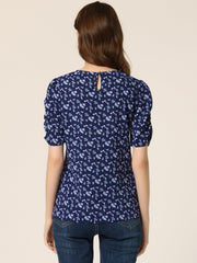 Floral Crew Neck Ruched Sleeve Casual Blouse