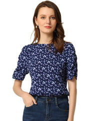 Floral Crew Neck Ruched Sleeve Casual Blouse