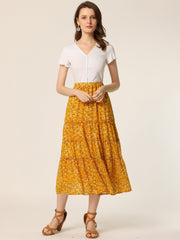 Chiffon Floral Printed Long Tiered Ruffle Boho Midi Skirt