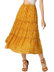 Chiffon Floral Printed Long Tiered Ruffle Boho Midi Skirt