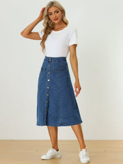 Stretchy High Waist Buttons Front A-Line Flowy Pockets Midi Skirt