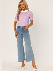 Pleated Contrast Peter Pan Collar Puff Short Sleeve Blouse