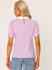 Pleated Contrast Peter Pan Collar Puff Short Sleeve Blouse