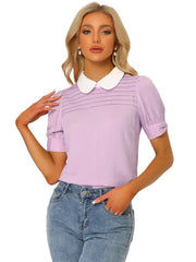 Pleated Contrast Peter Pan Collar Puff Short Sleeve Blouse