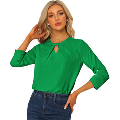 Office Keyhole Pleated 3/4 Sleeve Chiffon Blouse