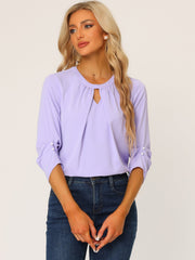 Office Keyhole Pleated 3/4 Sleeve Chiffon Blouse
