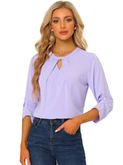 Office Keyhole Pleated 3/4 Sleeve Chiffon Blouse
