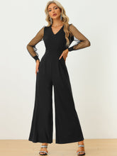 Elegant V Neck Mesh Long Sleeve Loose Wide Leg Jumpsuits