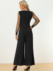 Elegant V Neck Mesh Long Sleeve Loose Wide Leg Jumpsuits