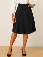 Women's High Waist Button Decor Vintage Pleated Flared Midi Skirt