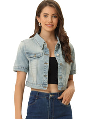 Casual Lapel Short Sleeve Crop Top Jean Denim Jacket