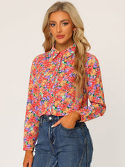 Button Down Floral Long Sleeve Point Collar Blouse