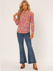 Button Down Floral Long Sleeve Point Collar Blouse