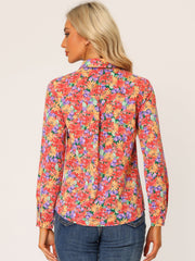 Button Down Floral Long Sleeve Point Collar Blouse