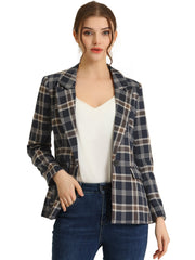 Plaid Notched Lapel One Button Houndstooth Blazer Jacket