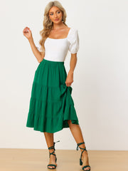 Midi Solid Elastic Waist Flare Tiered Long Pockets A-Line Skirt