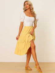 Midi Solid Elastic Waist Flare Tiered Long Pockets A-Line Skirt
