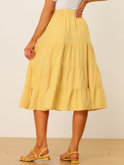 Midi Solid Elastic Waist Flare Tiered Long Pockets A-Line Skirt