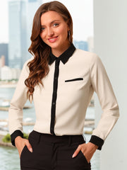 Contrast Collar Shirt Chiffon Long Sleeve Work Office Blouse