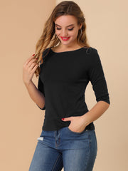 Casual Boat Neck 3/4 Sleeve Solid Basic T-shirt