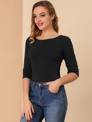 Casual Boat Neck 3/4 Sleeve Solid Basic T-shirt