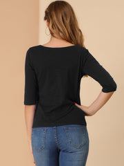 Casual Boat Neck 3/4 Sleeve Solid Basic T-shirt