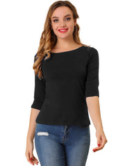 Casual Boat Neck 3/4 Sleeve Solid Basic T-shirt