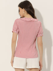 Plaid Blouse Puff Sleeve Ruffle Peter Pan Collar Shirt Top