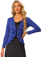Women's Tie Front Knit Ruffled Long Sleeve Open Cardigan