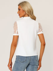 Bow Tie V Neck Stand Collar Short Mesh Sleeve Blouse