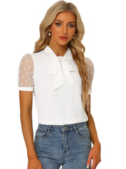 Bow Tie V Neck Stand Collar Short Mesh Sleeve Blouse