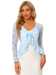 Floral Lace Shrug Tie Front Ruffled Hem Sheer Crop Bolero