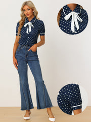 Polka Dot Peter Pan Collar Bow Tie Neck Puff Sleeve Vintage Shirt