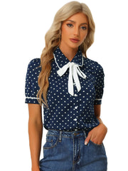 Polka Dot Peter Pan Collar Bow Tie Neck Puff Sleeve Vintage Shirt
