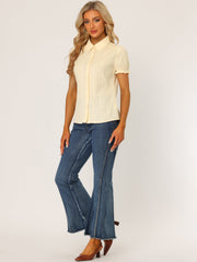 Cotton Frilled Top Turndown Collar Solid Blouse Shirt