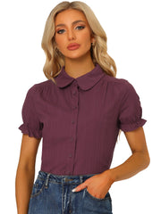 Cotton Frilled Top Turndown Collar Solid Blouse Shirt