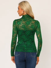 See Through Long Sleeve Turtleneck Sheer Floral Lace Blouse