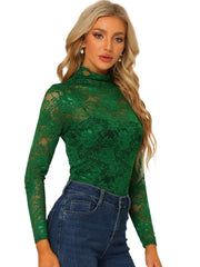 See Through Long Sleeve Turtleneck Sheer Floral Lace Blouse