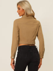Button Down Long Sleeve Casual Cropped Denim Jacket