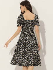 Square Neck Puff Sleeve Shirred Floral Casual Midi Dress