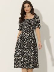 Square Neck Puff Sleeve Shirred Floral Casual Midi Dress