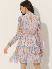 Floral Smocked Waist Sheer Sleeve Ruffle Layers Chiffon Dress
