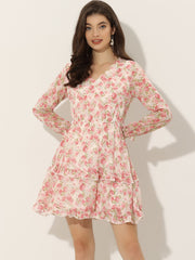 Long Sleeve V Neck Elastic Waist Ruffle Hem Chiffon Floral Dress