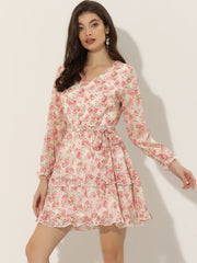 Long Sleeve V Neck Elastic Waist Ruffle Hem Chiffon Floral Dress