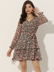 Long Sleeve V Neck Elastic Waist Ruffle Hem Chiffon Floral Dress