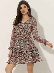 Long Sleeve V Neck Elastic Waist Ruffle Hem Chiffon Floral Dress