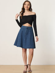 High Waisted A-Line Flared Casual Denim Midi Jean Skirt