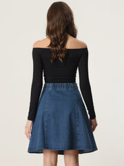 High Waisted A-Line Flared Casual Denim Midi Jean Skirt