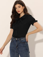 Peter Pan Collar Tie Neck Casual Cute Cotton Button-Up Shirt